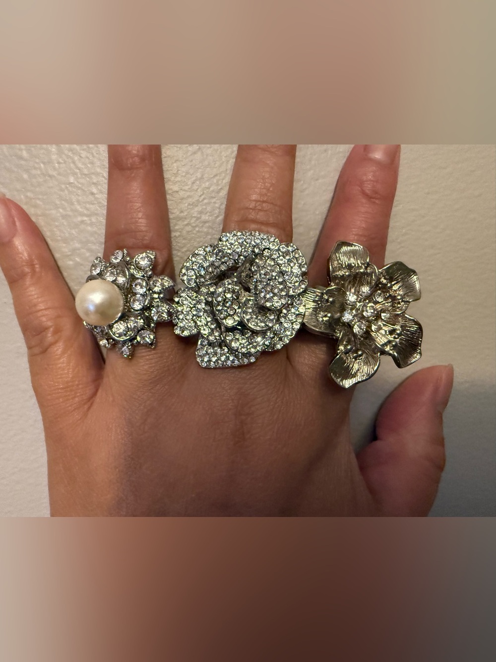 Vintage cocktail Silvertone Crystal Flower Statement Ring Lot of 3